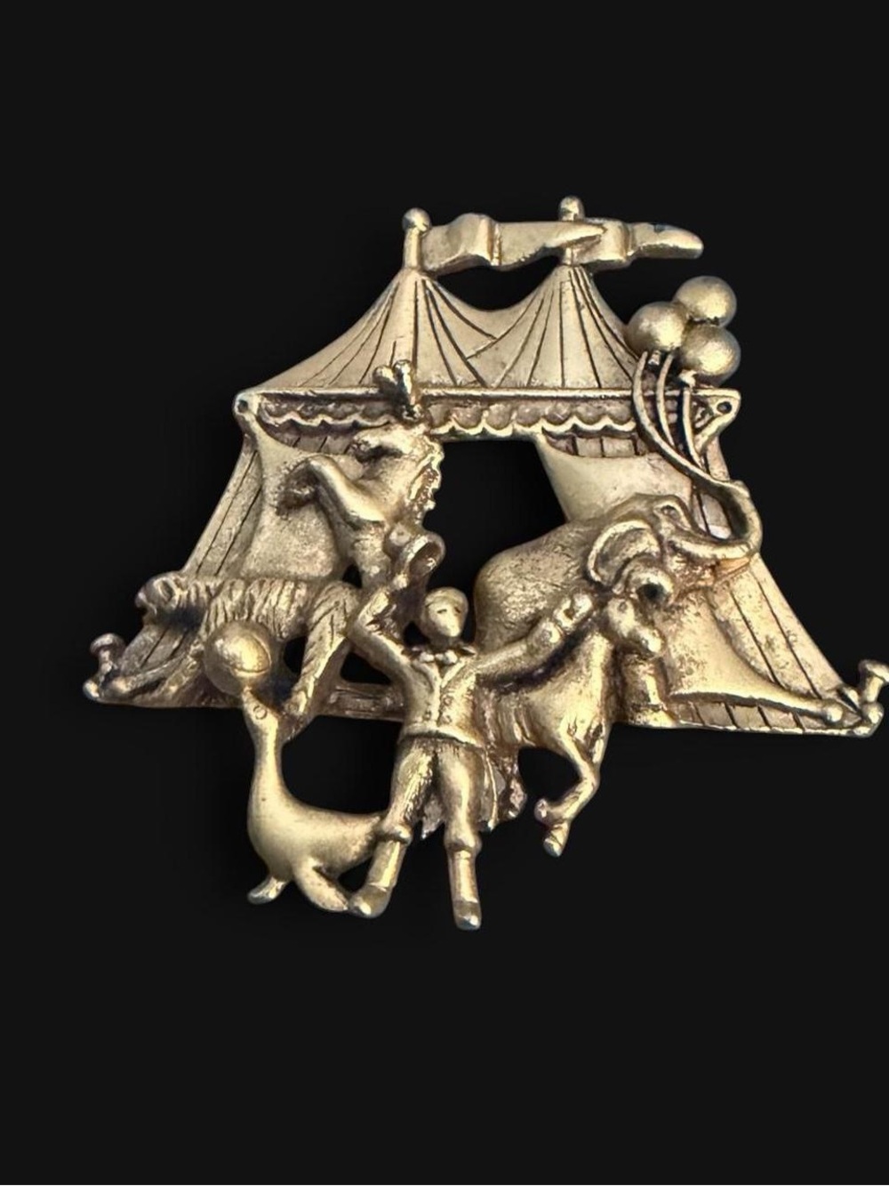 Vintage AJC Signed Gold Tone Circus Big Top Tent Figural Brooch Pin 1980s